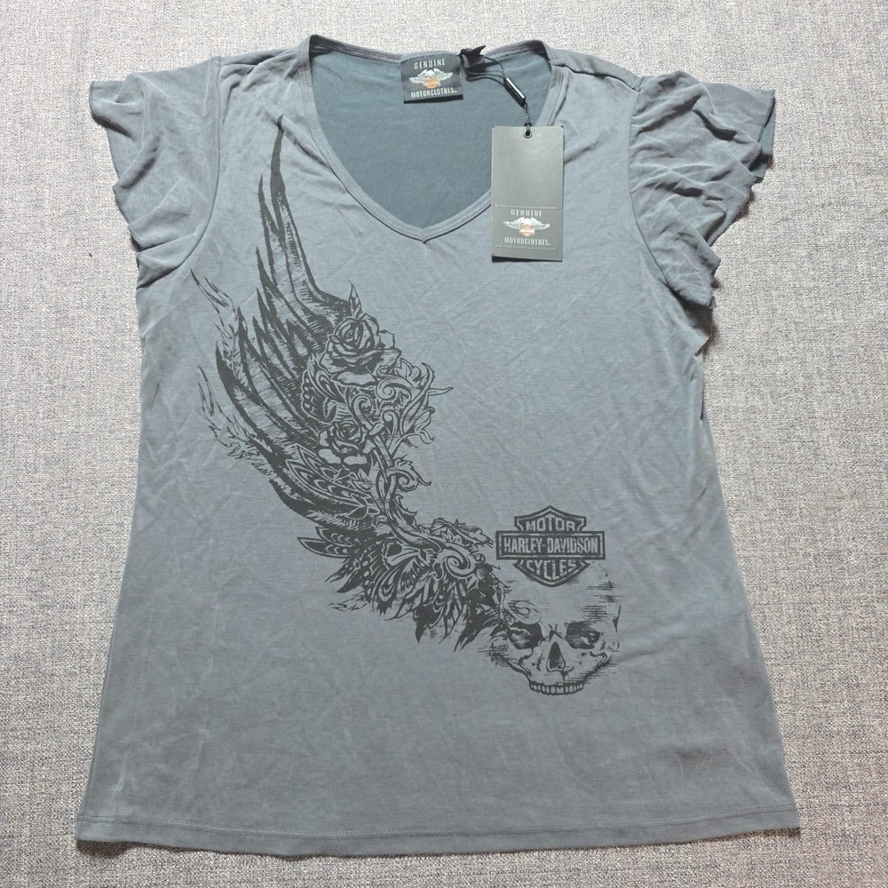 Genuine Harley Davidson Women's Flowered Winged Logo‎ V-Neck T Shirt Gray  Large